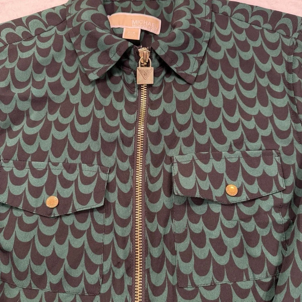 Michael Kors Green Leopard Print zip front blouse top gold locket zip Small